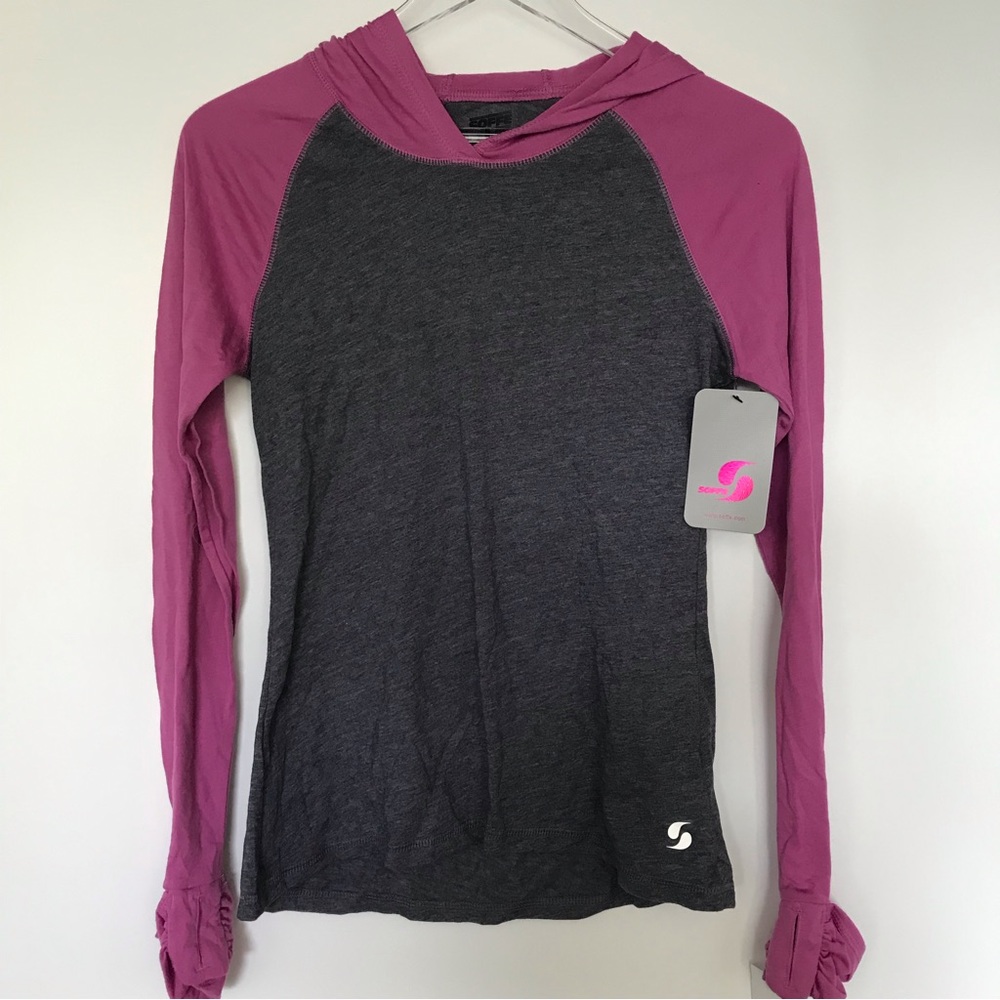 Soffe fitness long sleeve hooded tee. Pink and grey. NWT